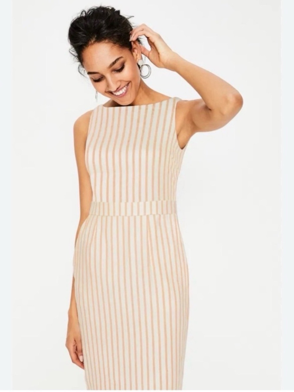Boden Sleeveless Striped Linen Dress in Beige and White